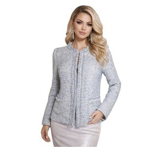 Color Block Academia Tweed Blue White Silver Fringe Parisian Style Blazer Size S
